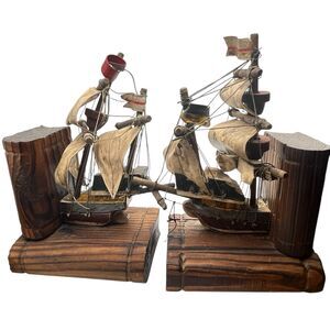 Bookends Pirate Ship Spanish Wood Handcrafted In Spain Galleons Madera De Aliso